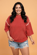 Plus Size Corded Knit Round Neck 3/4 Sleeve Blouse - Rooted & Reckless Co.