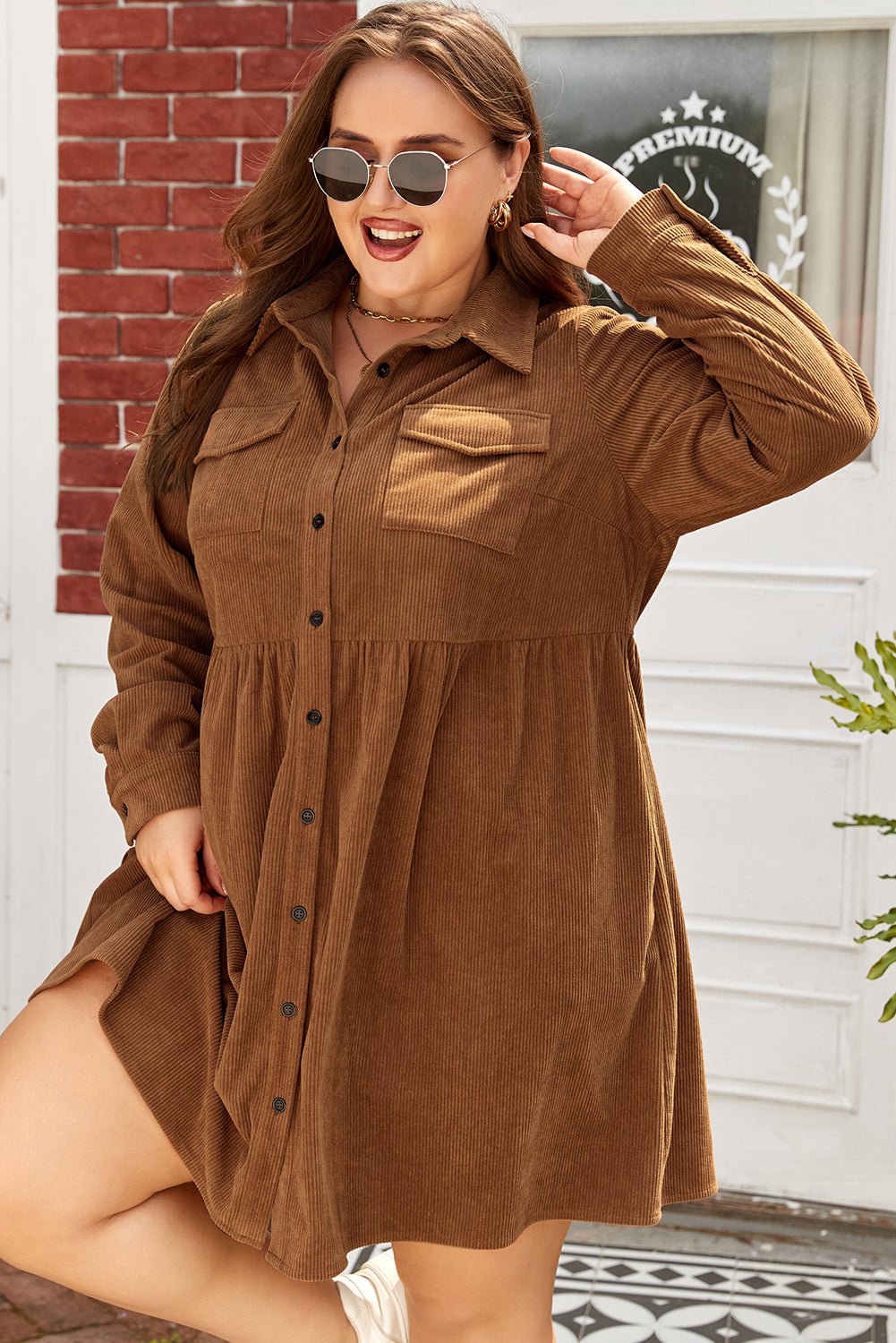Plus Size Corduroy Button-Up Collared Shirt Dress - Rooted & Reckless Co.