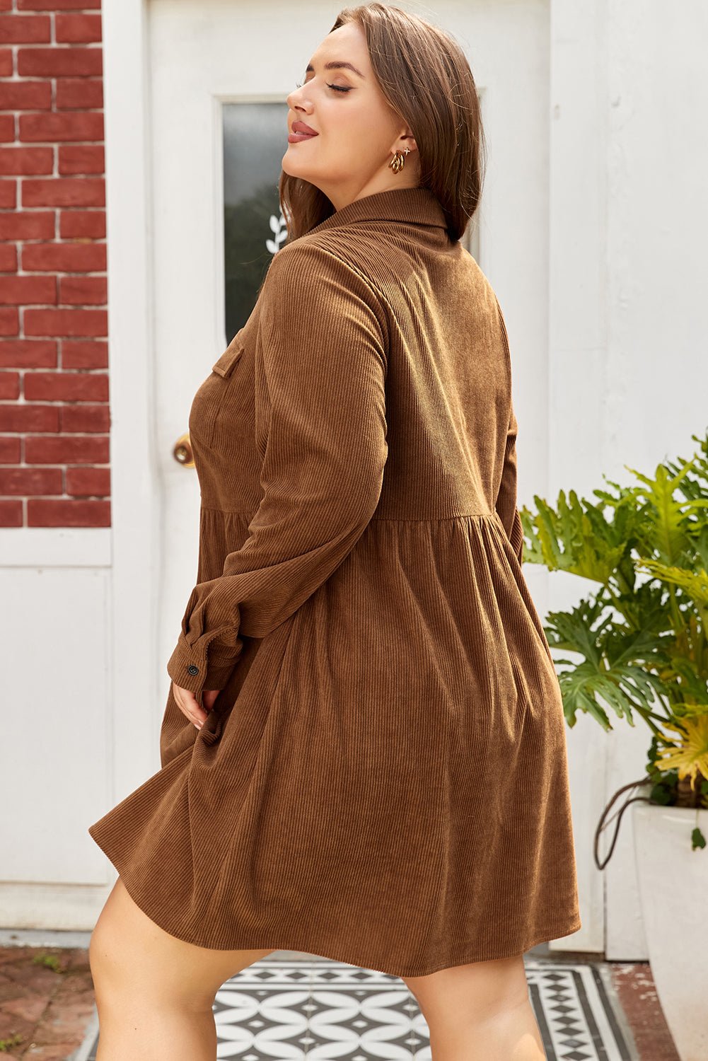 Plus Size Corduroy Button-Up Collared Shirt Dress - Rooted & Reckless Co.