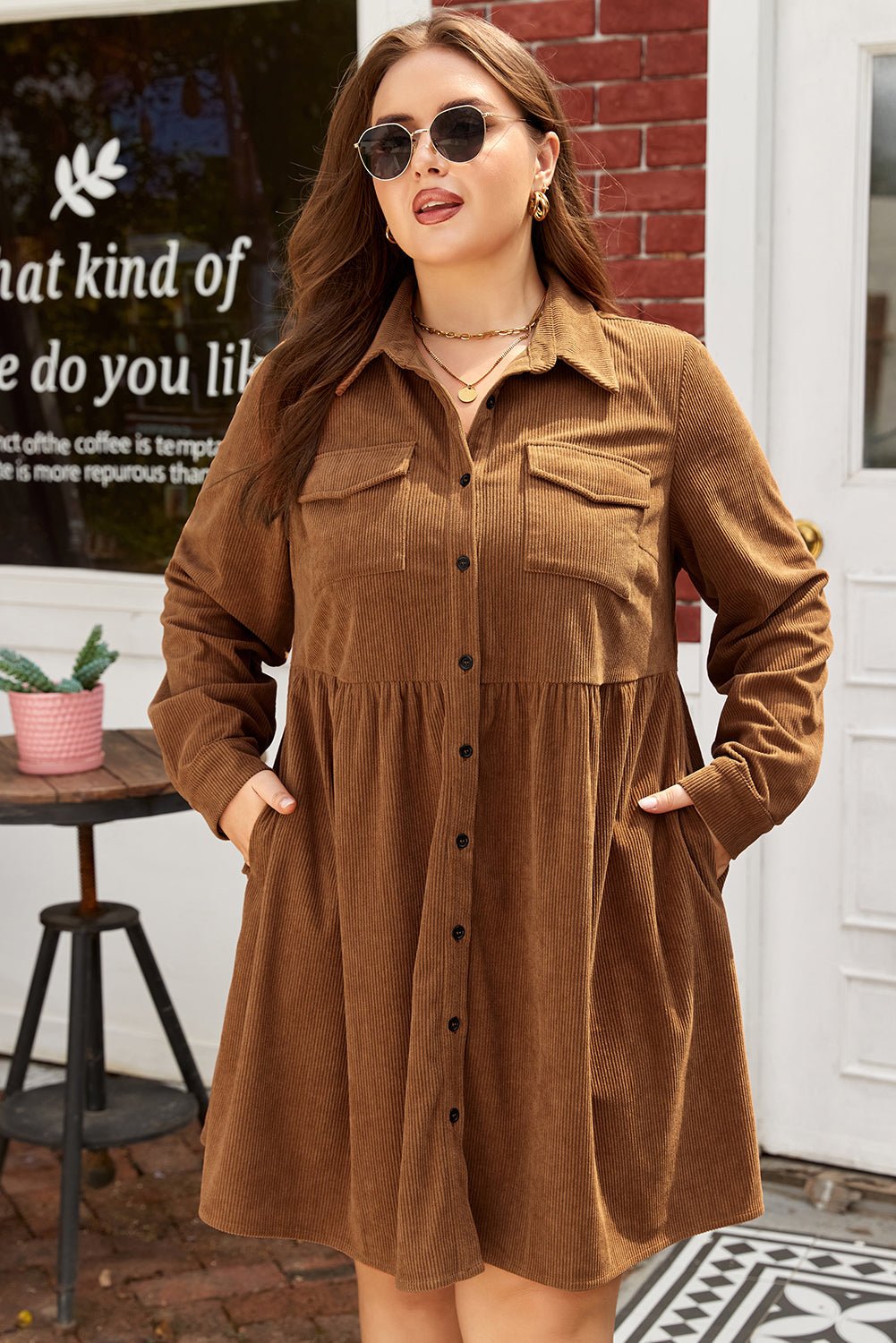 Plus Size Corduroy Button-Up Collared Shirt Dress - Rooted & Reckless Co.