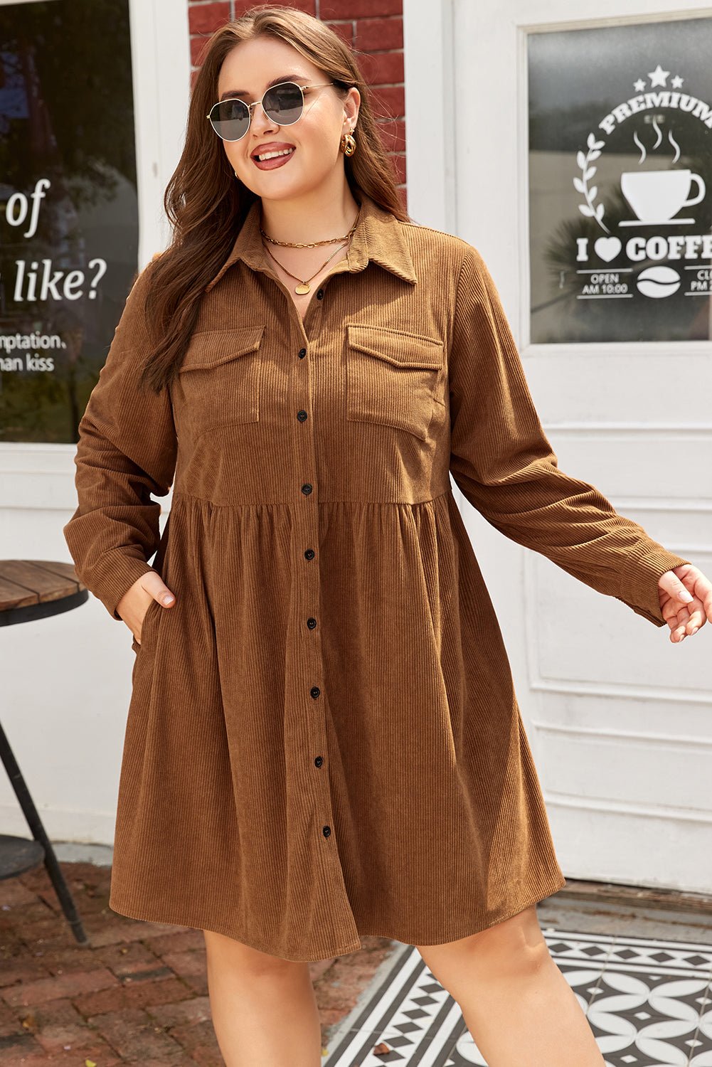 Plus Size Corduroy Button-Up Collared Shirt Dress - Rooted & Reckless Co.