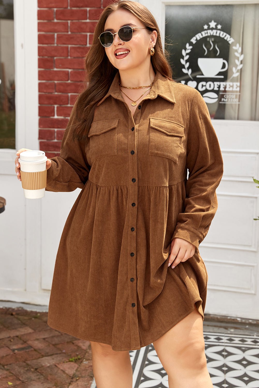 Plus Size Corduroy Button-Up Collared Shirt Dress - Rooted & Reckless Co.