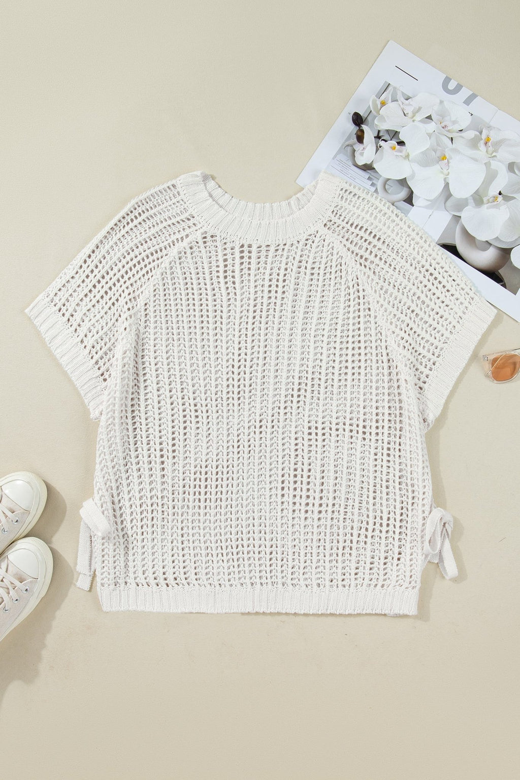 Plus Size Crochet Bow Tie Short Sleeve Sweater - Rooted & Reckless Co.