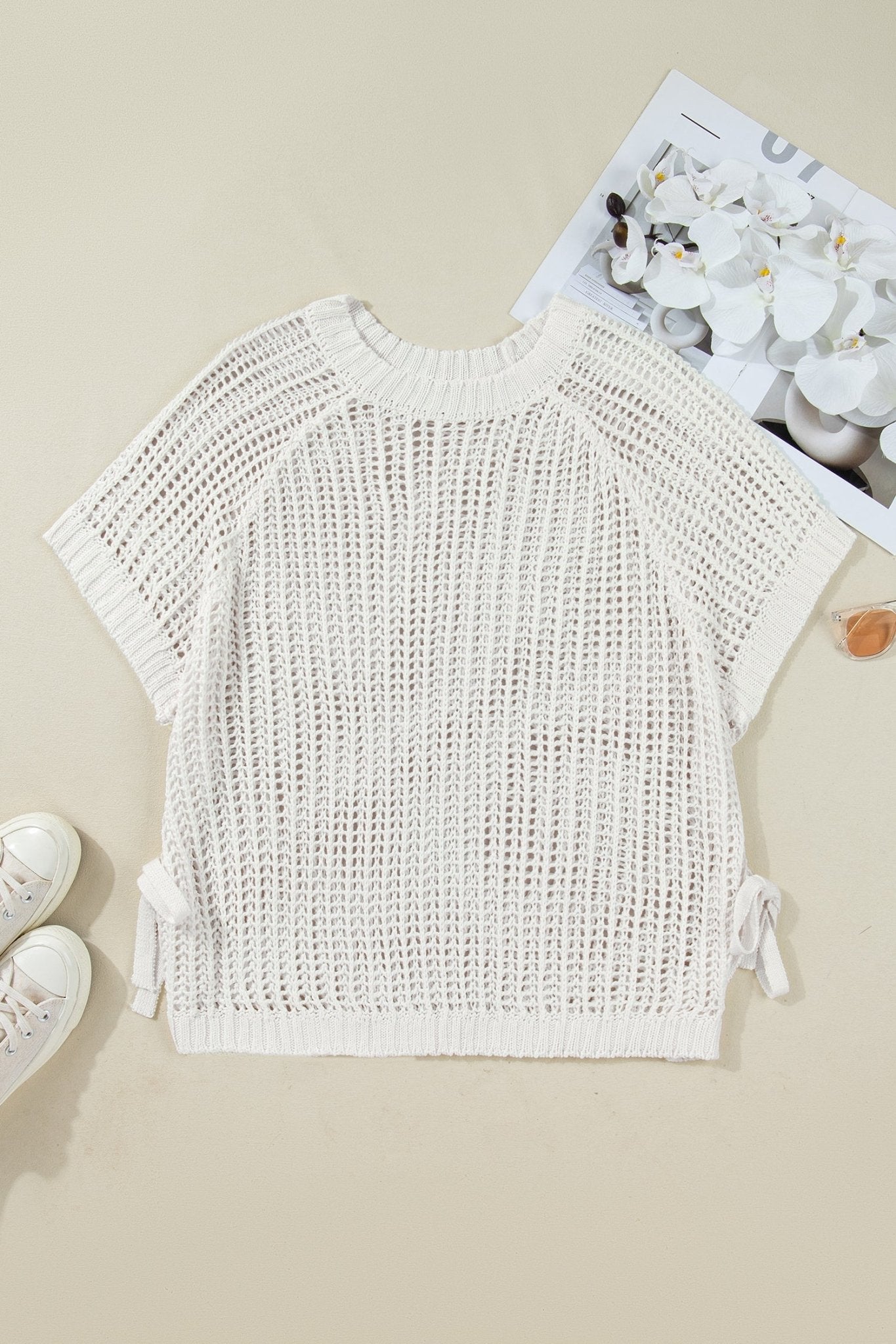 Plus Size Crochet Bow Tie Short Sleeve Sweater - Rooted & Reckless Co.
