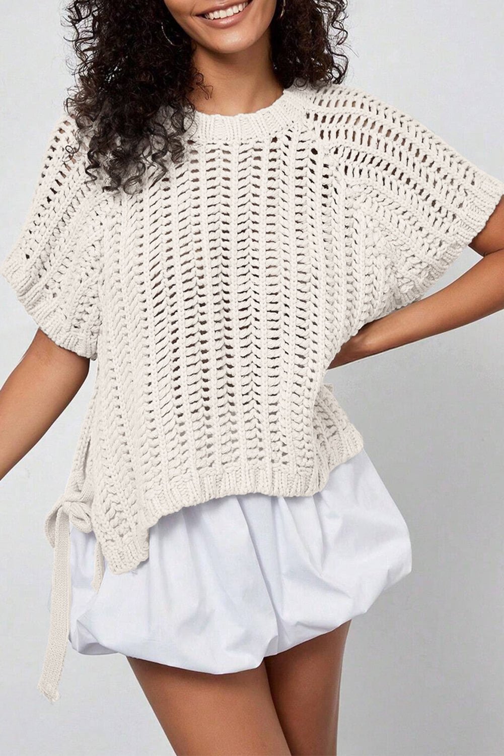 Plus Size Crochet Bow Tie Short Sleeve Sweater - Rooted & Reckless Co.