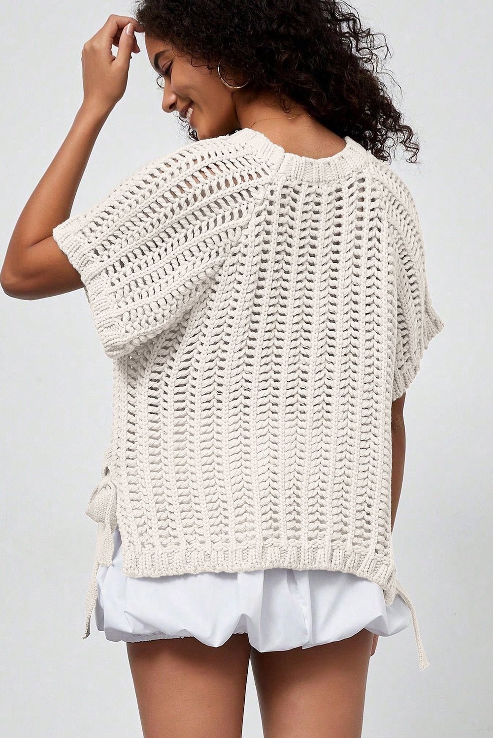 Plus Size Crochet Bow Tie Short Sleeve Sweater - Rooted & Reckless Co.
