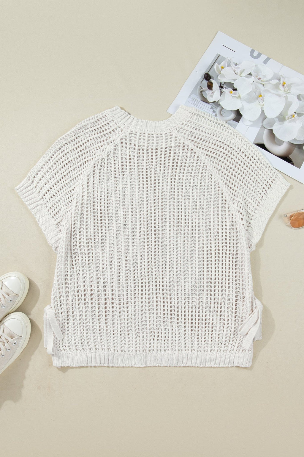 Plus Size Crochet Bow Tie Short Sleeve Sweater - Rooted & Reckless Co.