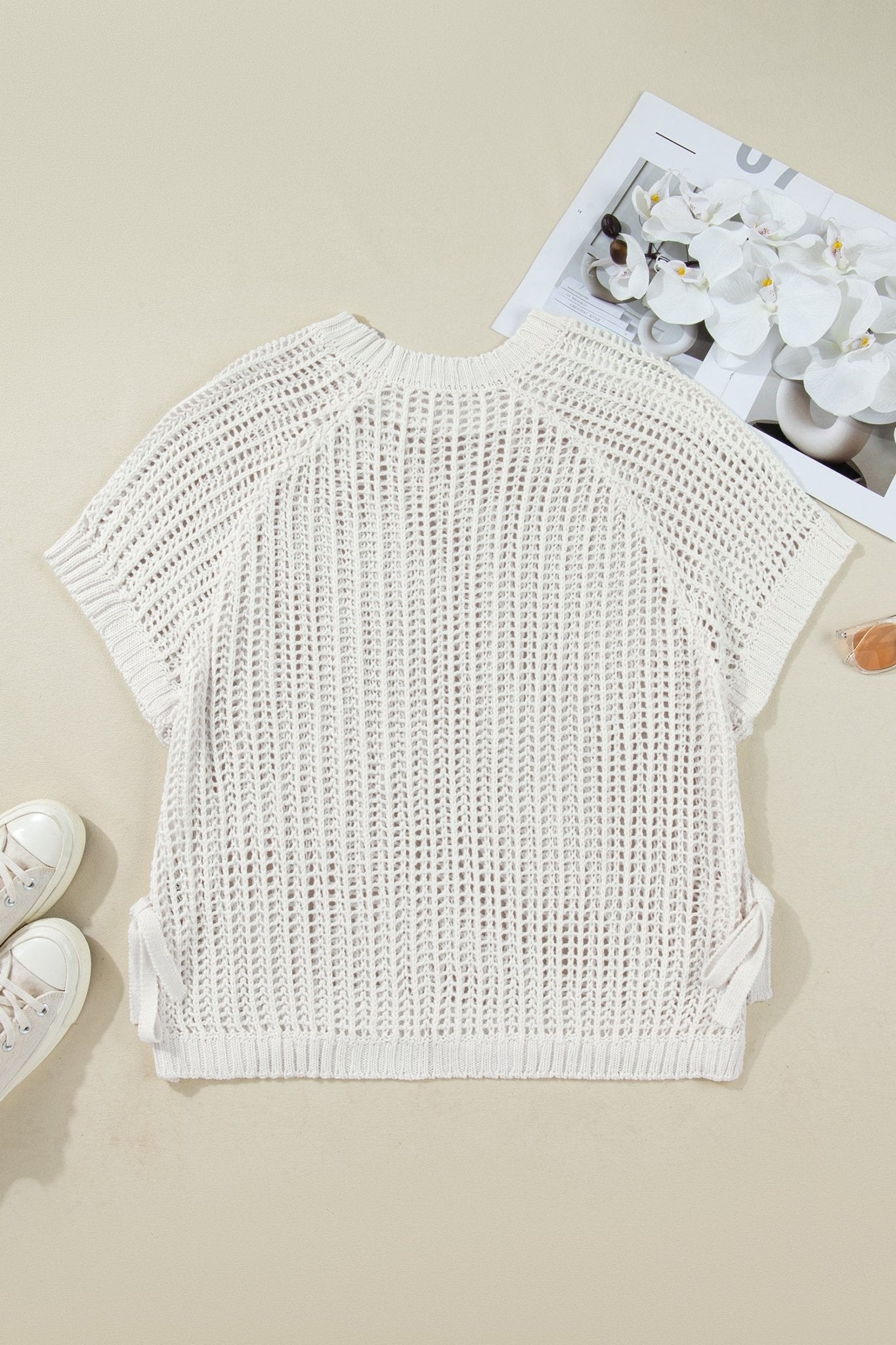Plus Size Crochet Bow Tie Short Sleeve Sweater - Rooted & Reckless Co.