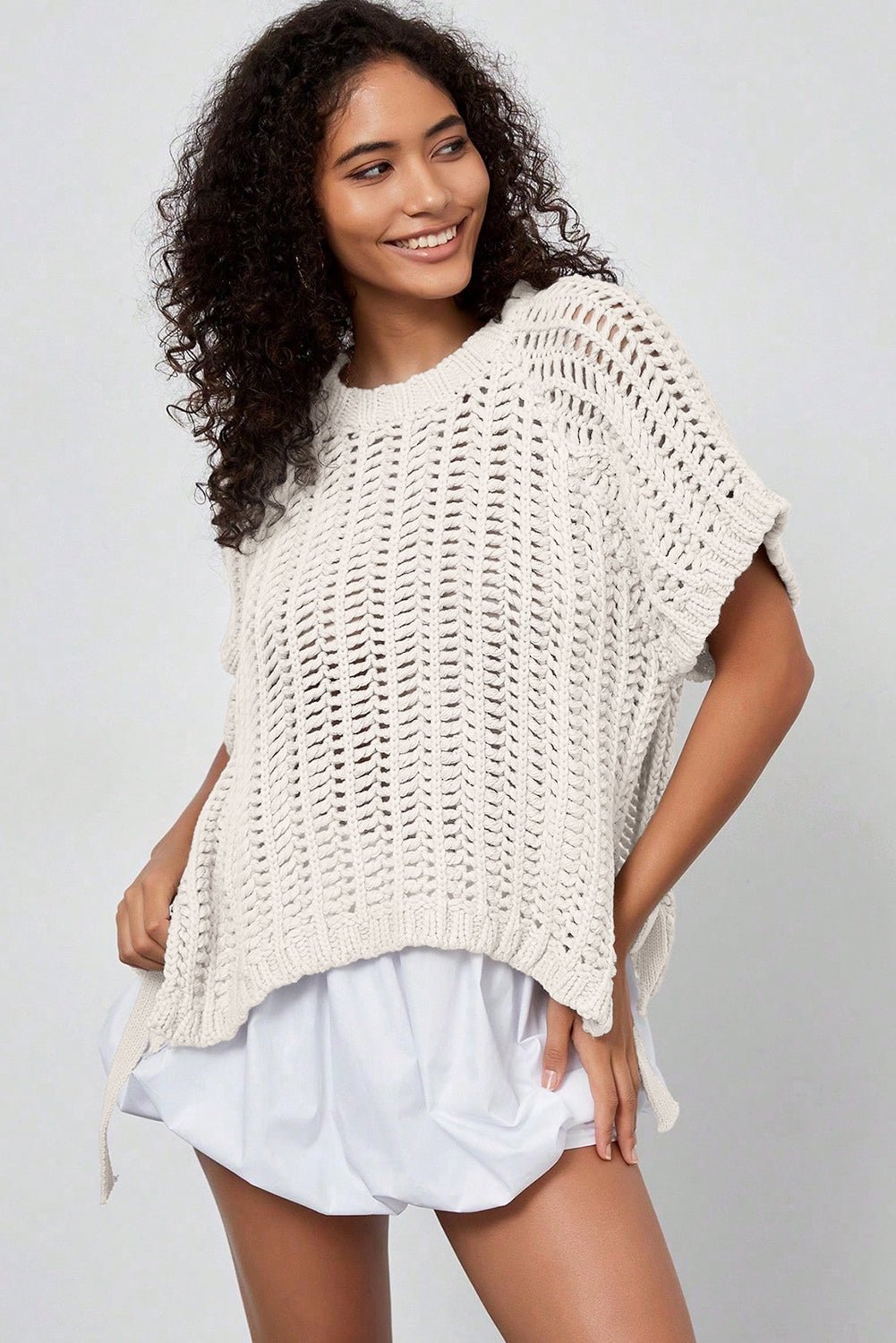 Plus Size Crochet Bow Tie Short Sleeve Sweater - Rooted & Reckless Co.