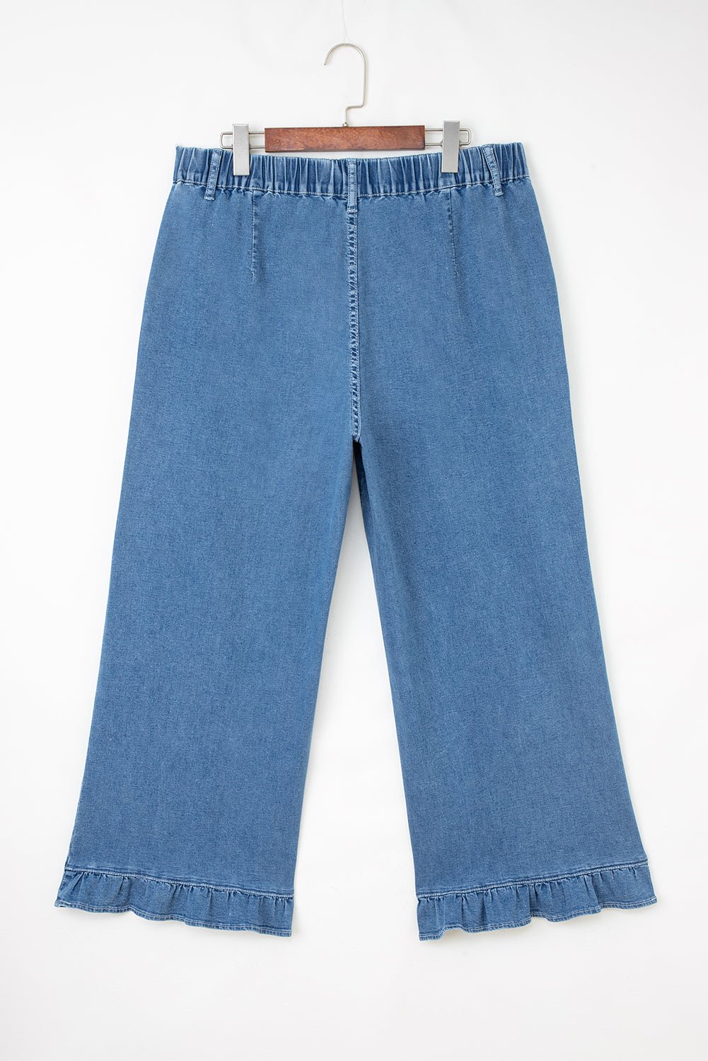 Plus Size Denim Elastic Waist Ruffle Wide Leg Pants - Rooted & Reckless Co.