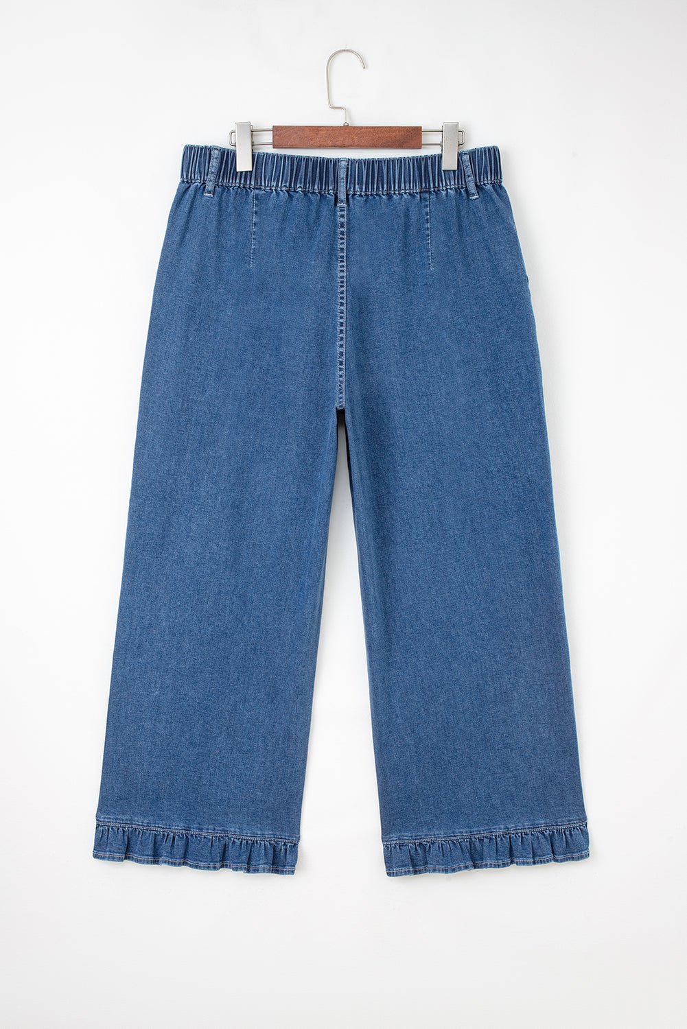 Plus Size Denim Elastic Waist Ruffle Wide Leg Pants - Rooted & Reckless Co.