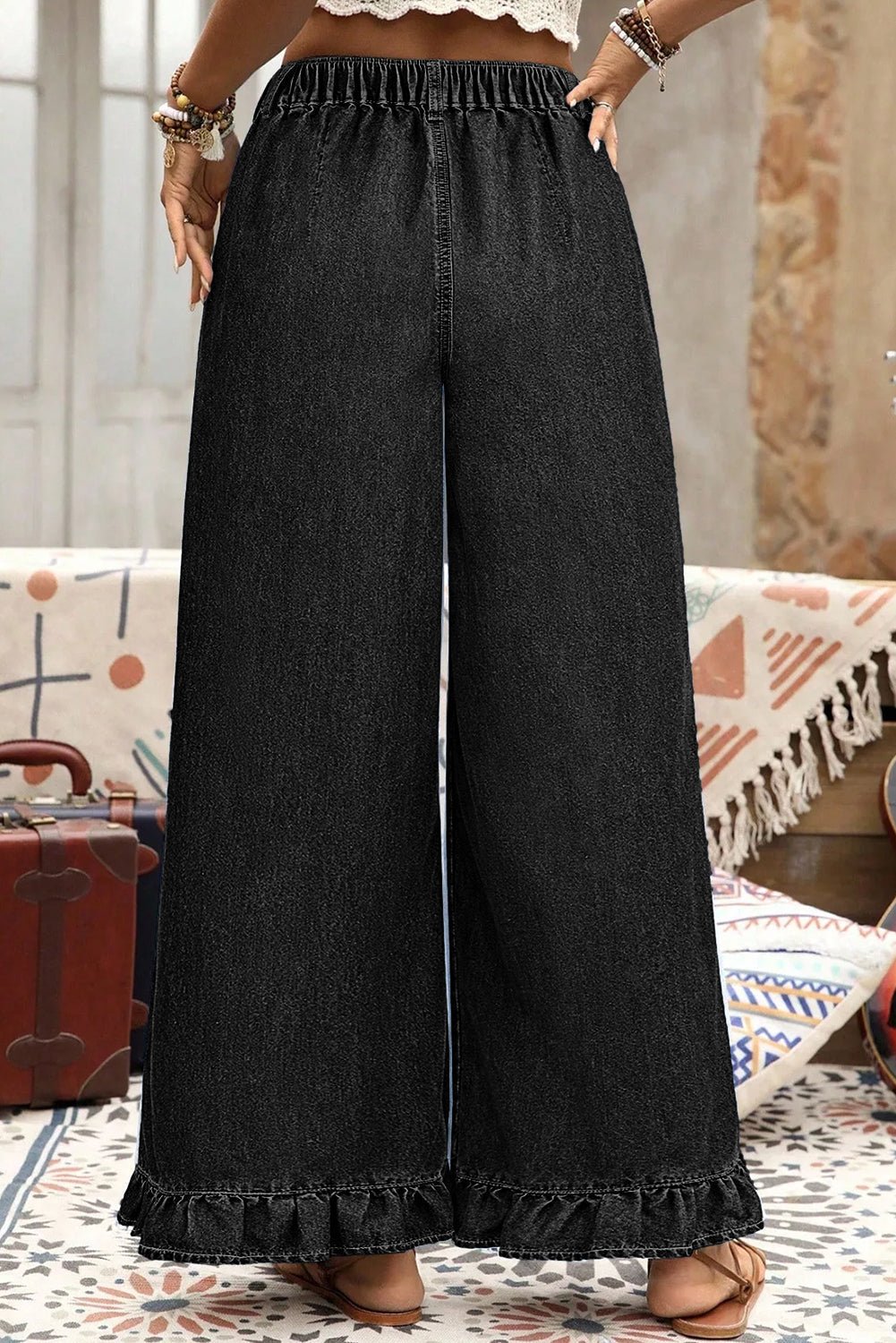 Plus Size Denim Elastic Waist Ruffle Wide Leg Pants - Rooted & Reckless Co.