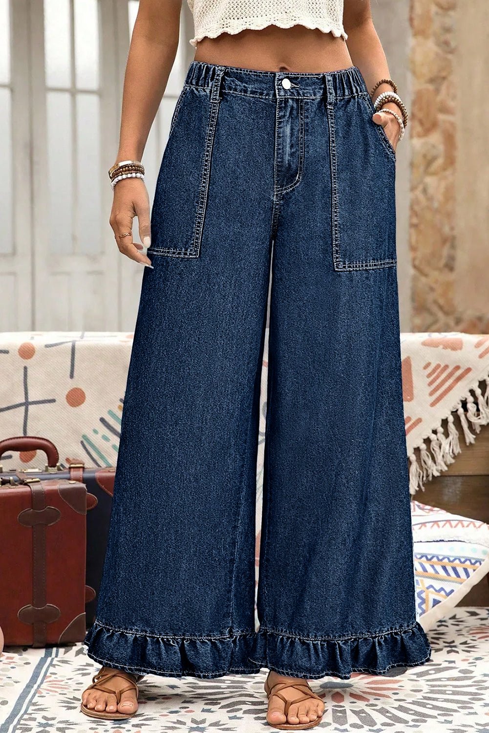 Plus Size Denim Elastic Waist Ruffle Wide Leg Pants - Rooted & Reckless Co.