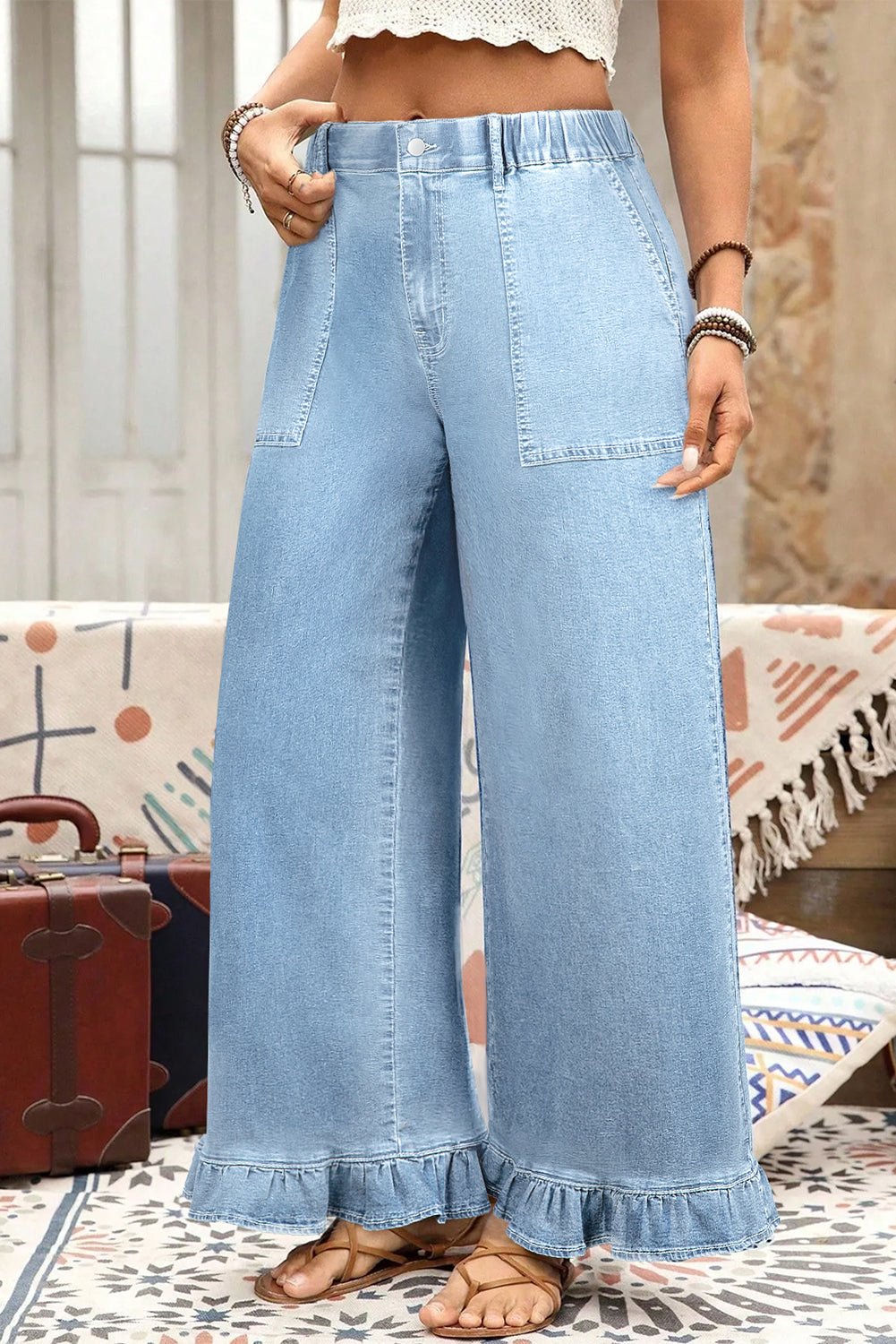 Plus Size Denim Elastic Waist Ruffle Wide Leg Pants - Rooted & Reckless Co.