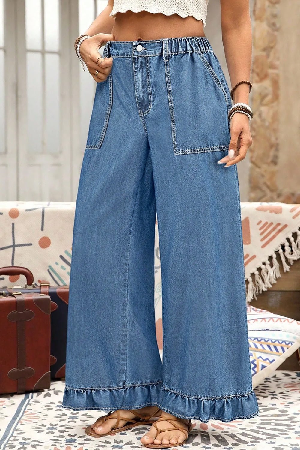 Plus Size Denim Elastic Waist Ruffle Wide Leg Pants - Rooted & Reckless Co.