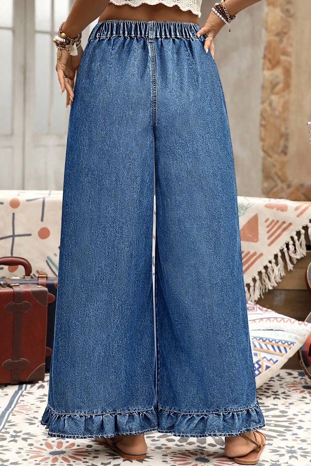 Plus Size Denim Elastic Waist Ruffle Wide Leg Pants - Rooted & Reckless Co.