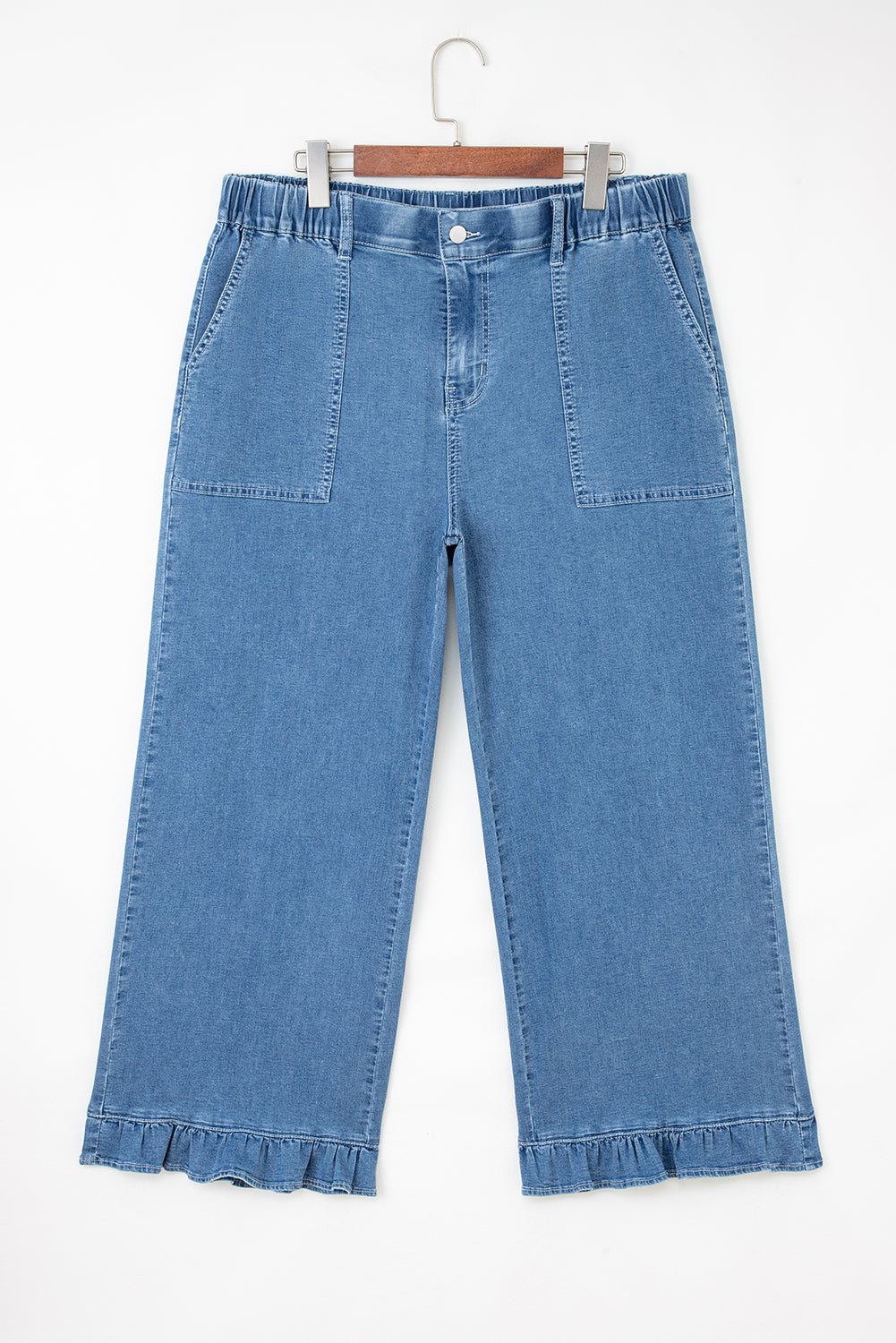 Plus Size Denim Elastic Waist Ruffle Wide Leg Pants - Rooted & Reckless Co.
