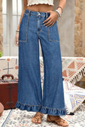 Plus Size Denim Elastic Waist Ruffle Wide Leg Pants - Rooted & Reckless Co.