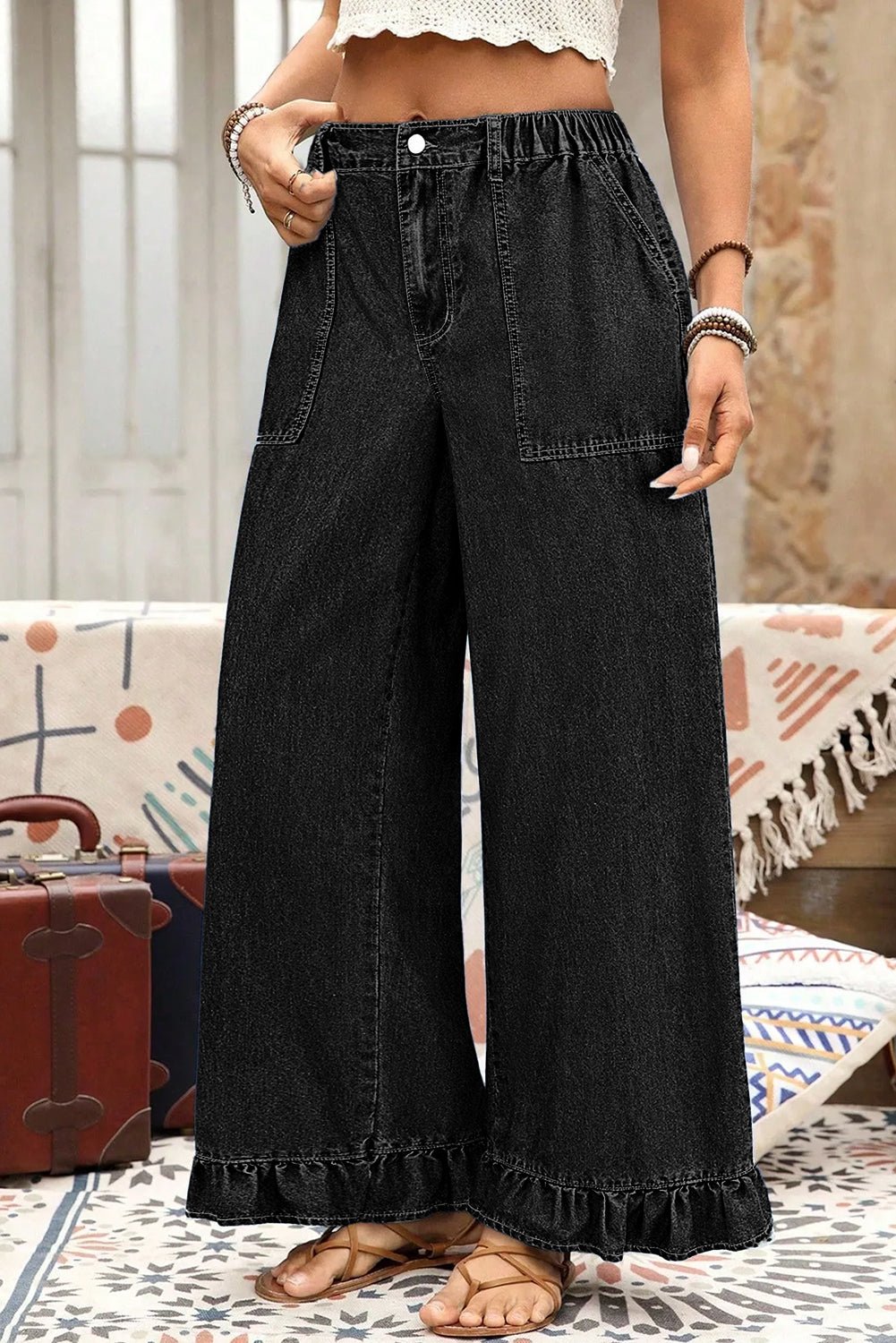 Plus Size Denim Elastic Waist Ruffle Wide Leg Pants - Rooted & Reckless Co.