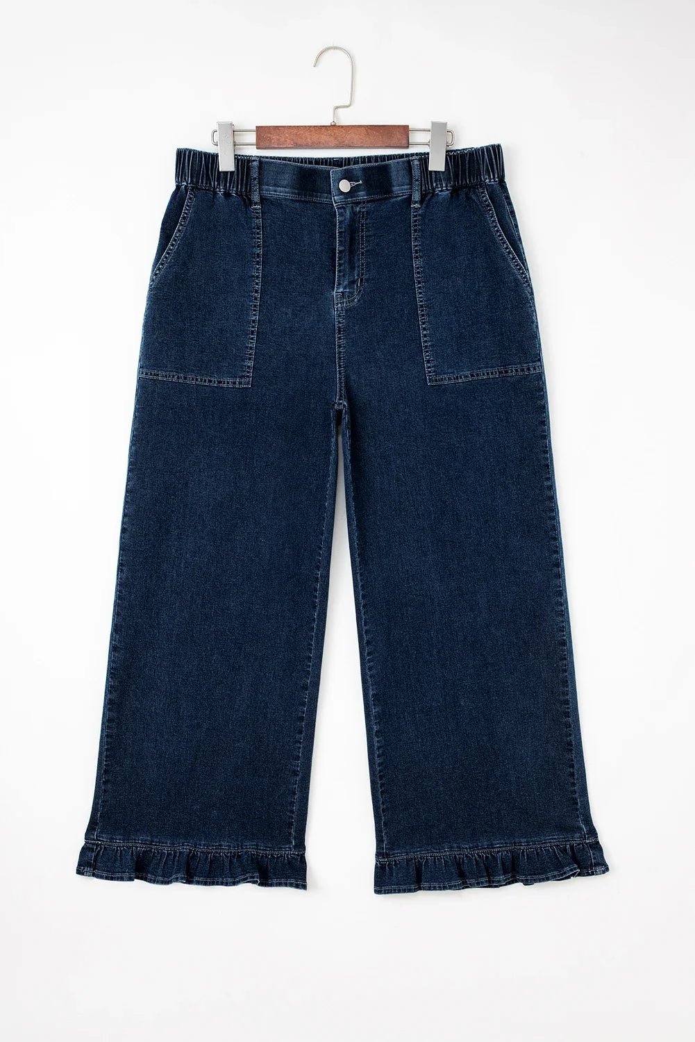 Plus Size Denim Elastic Waist Ruffle Wide Leg Pants - Rooted & Reckless Co.