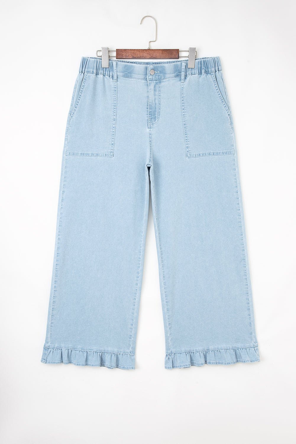 Plus Size Denim Elastic Waist Ruffle Wide Leg Pants - Rooted & Reckless Co.