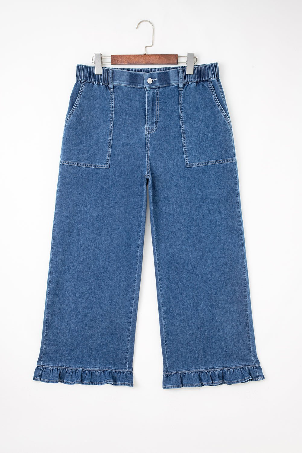 Plus Size Denim Elastic Waist Ruffle Wide Leg Pants - Rooted & Reckless Co.