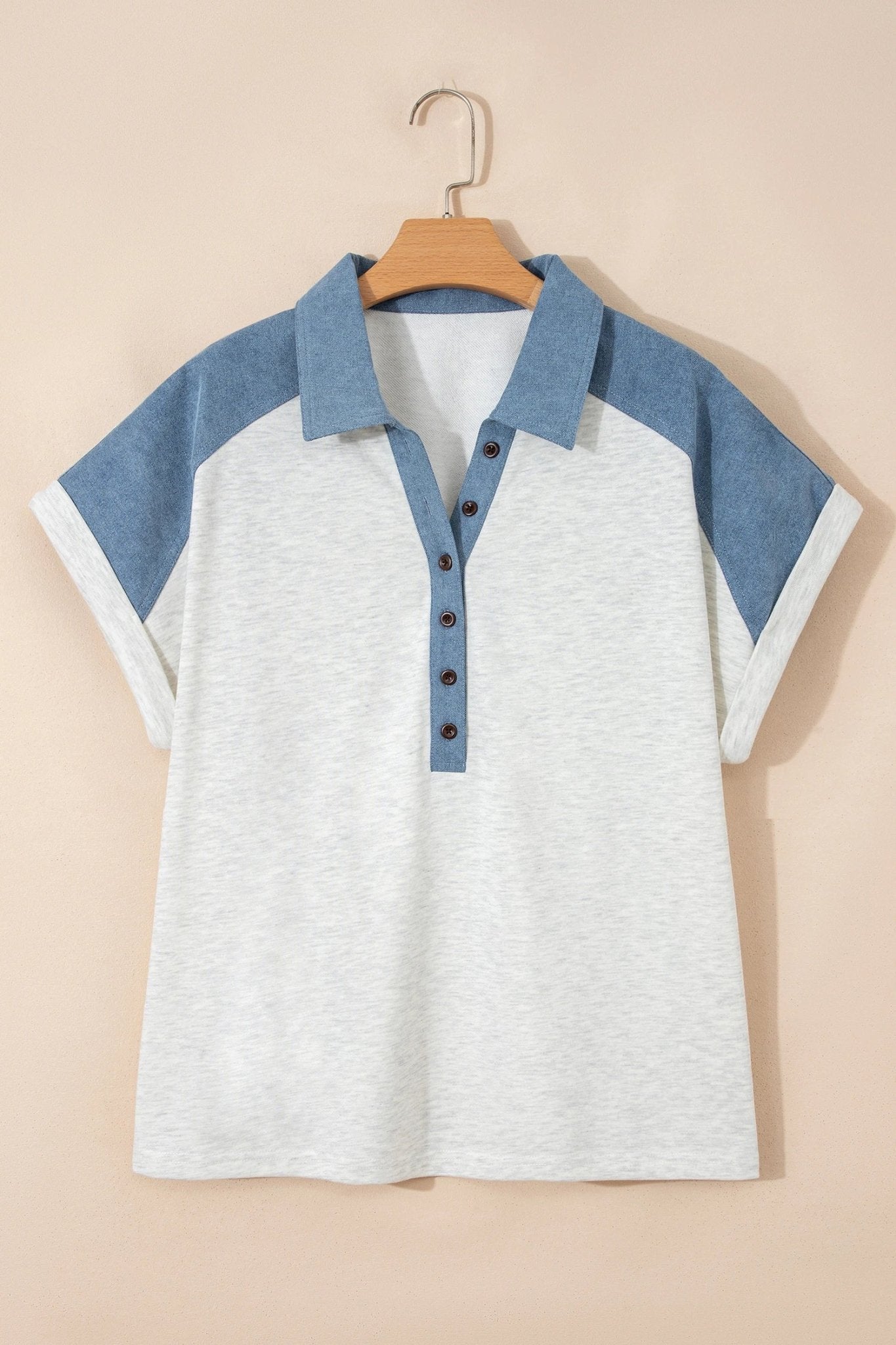 Plus Size Denim Patchwork Cuff Sleeve Polo Tee - Rooted & Reckless Co.