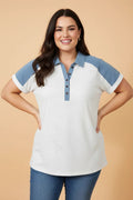 Plus Size Denim Patchwork Cuff Sleeve Polo Tee - Rooted & Reckless Co.