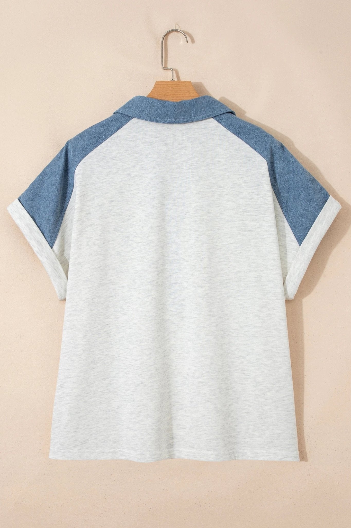 Plus Size Denim Patchwork Cuff Sleeve Polo Tee - Rooted & Reckless Co.