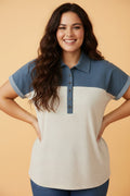 Plus Size Denim Patchwork Half Buttoned Collar Top - Rooted & Reckless Co.