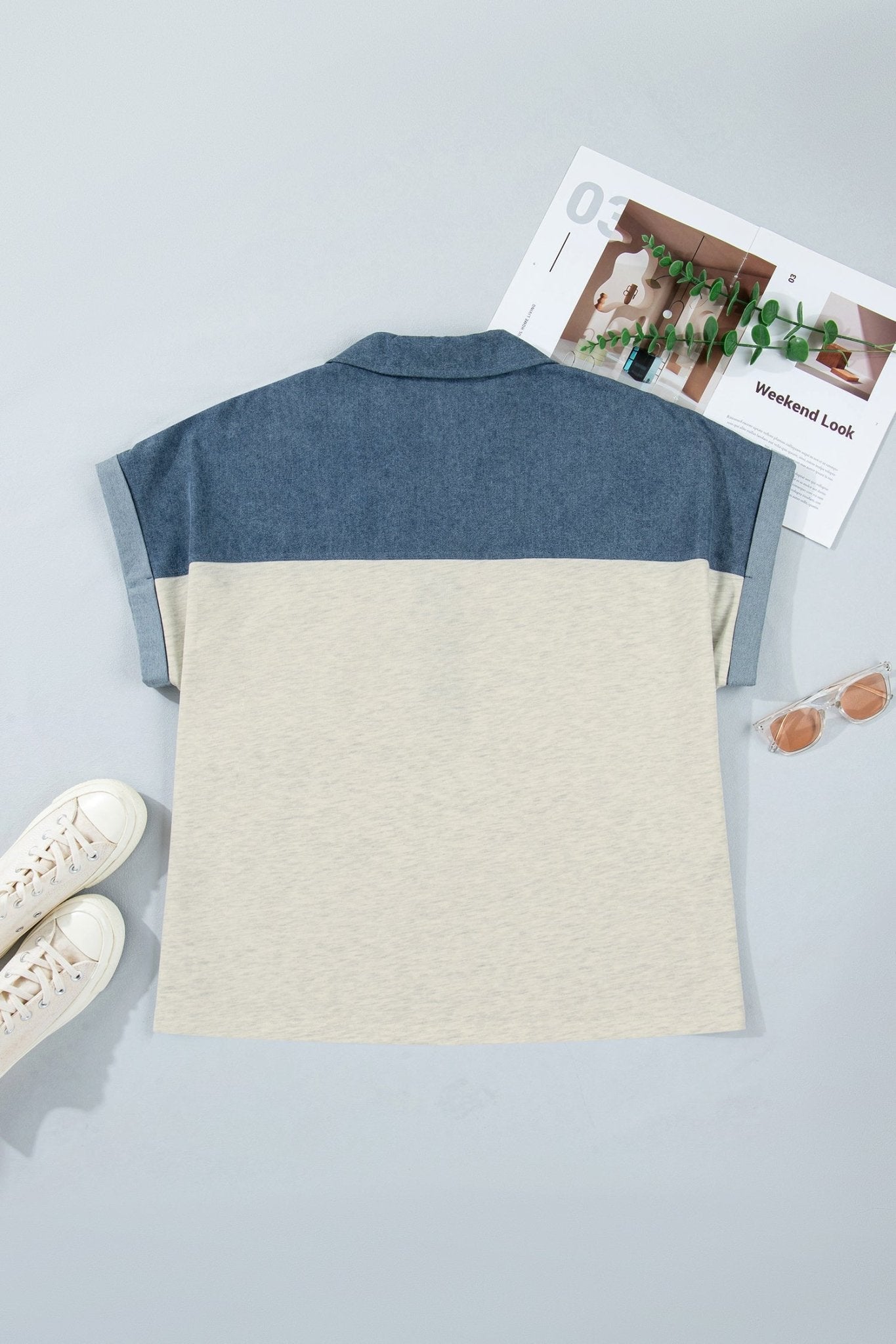 Plus Size Denim Patchwork Half Buttoned Collar Top - Rooted & Reckless Co.