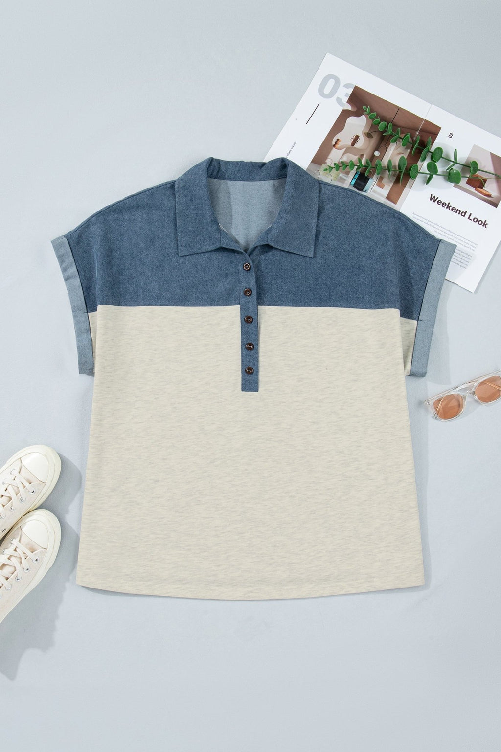 Plus Size Denim Patchwork Half Buttoned Collar Top - Rooted & Reckless Co.