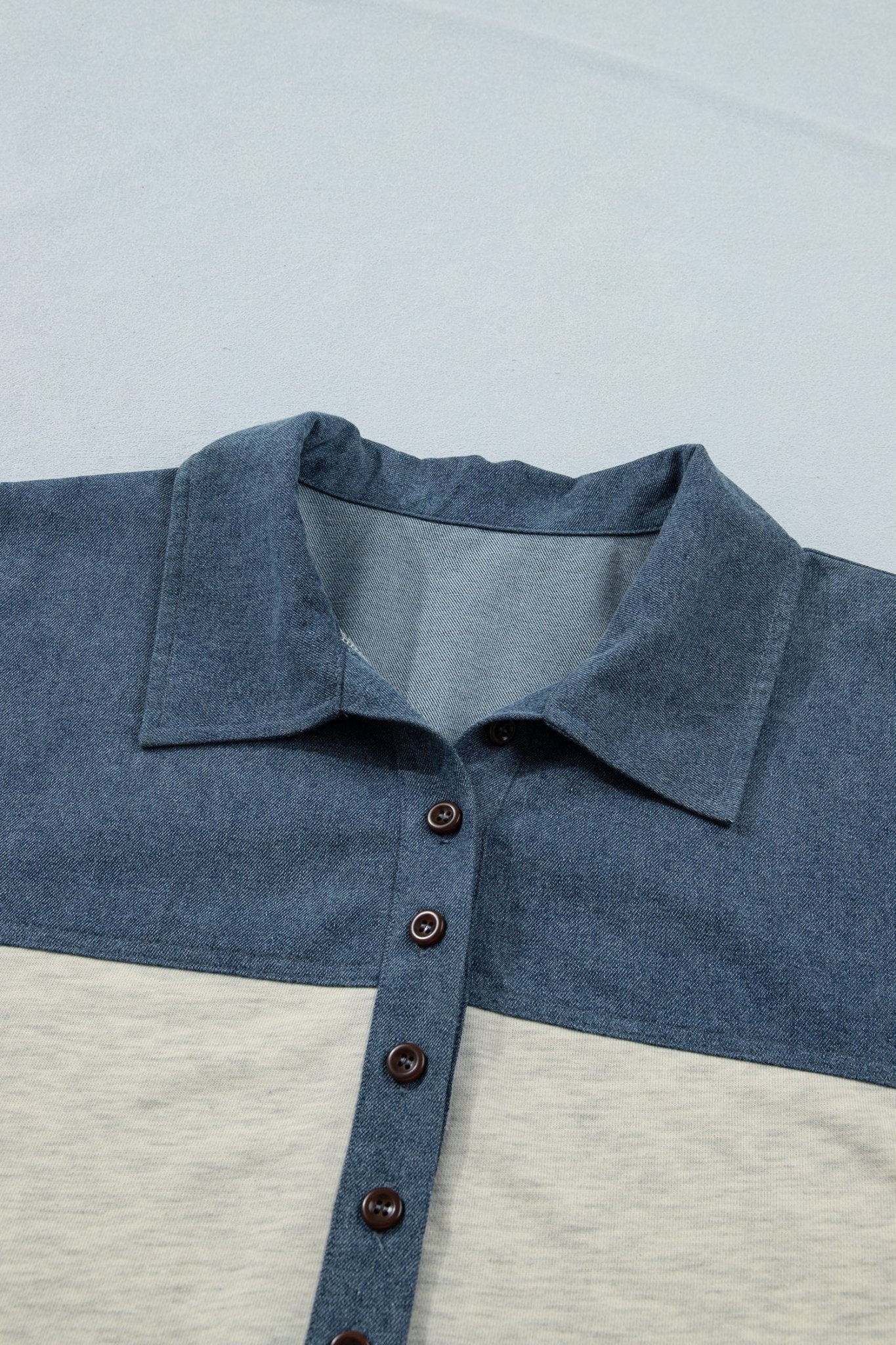 Plus Size Denim Patchwork Half Buttoned Collar Top - Rooted & Reckless Co.