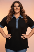 Plus Size Denim Patchwork Waffle Knit Polo Tee - Rooted & Reckless Co.