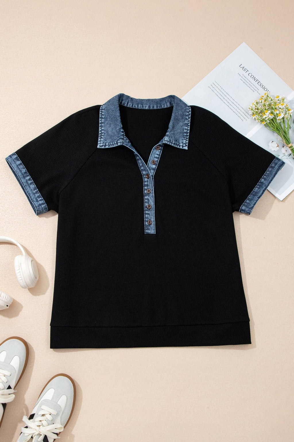 Plus Size Denim Patchwork Waffle Knit Polo Tee - Rooted & Reckless Co.