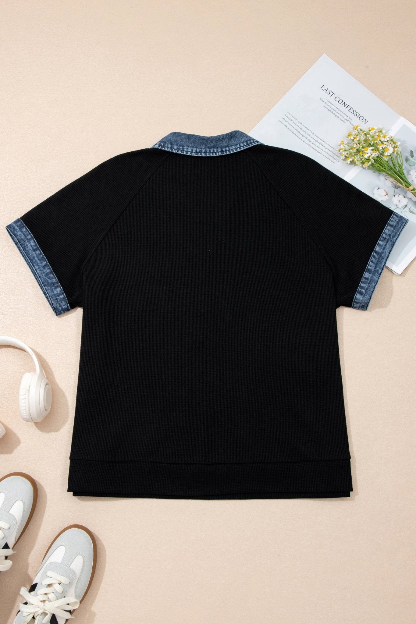 Plus Size Denim Patchwork Waffle Knit Polo Tee - Rooted & Reckless Co.