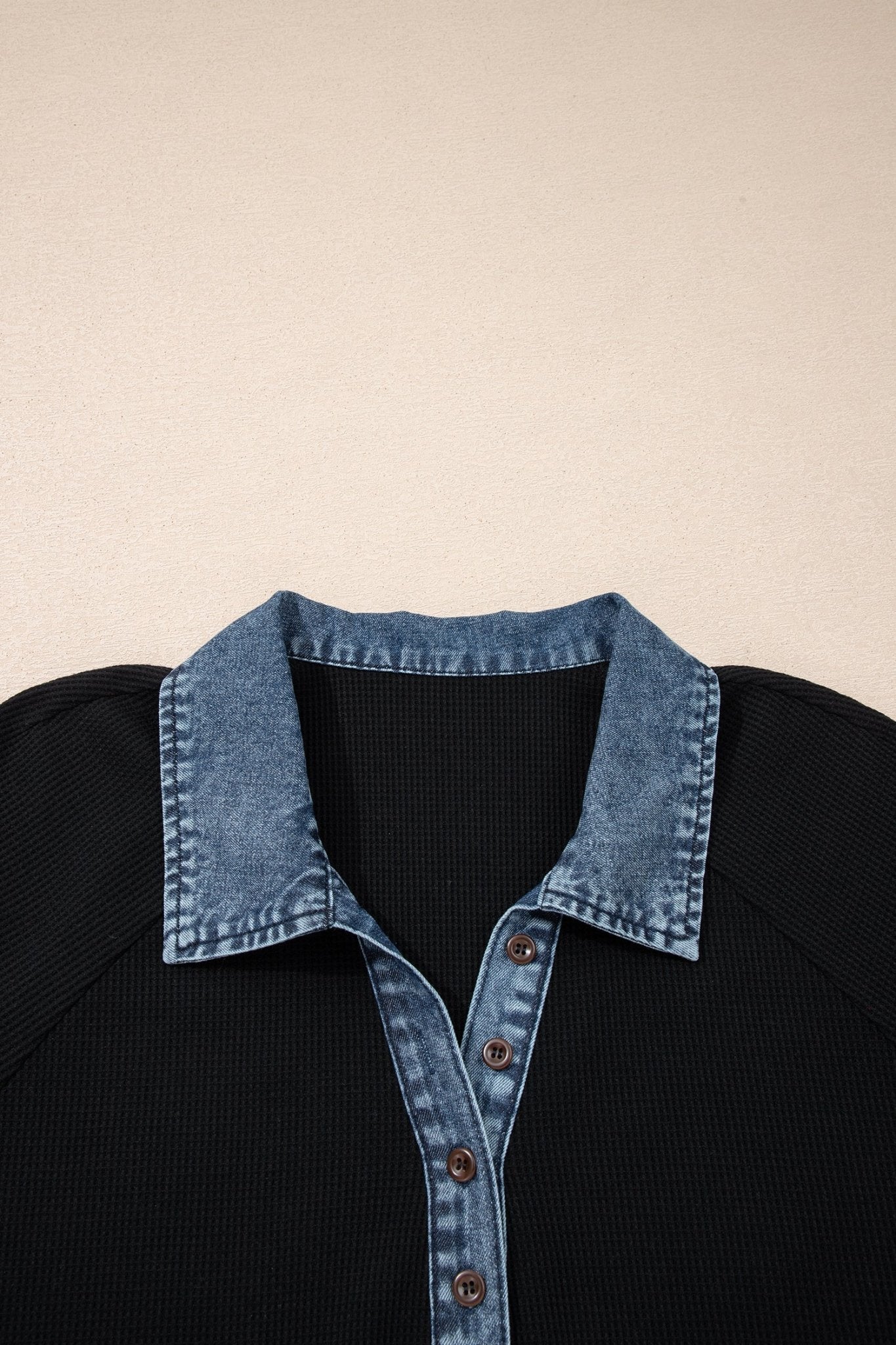 Plus Size Denim Patchwork Waffle Knit Polo Tee - Rooted & Reckless Co.