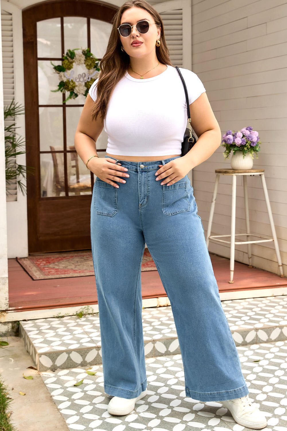 Plus Size Denim Textured Patch Pocket Jeans - Rooted & Reckless Co.