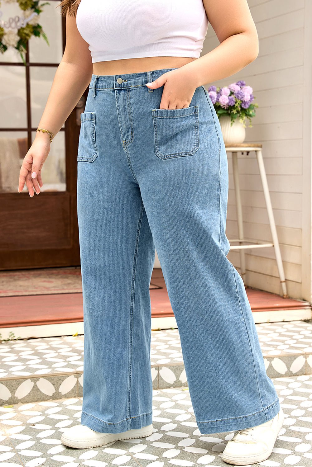 Plus Size Denim Textured Patch Pocket Jeans - Rooted & Reckless Co.
