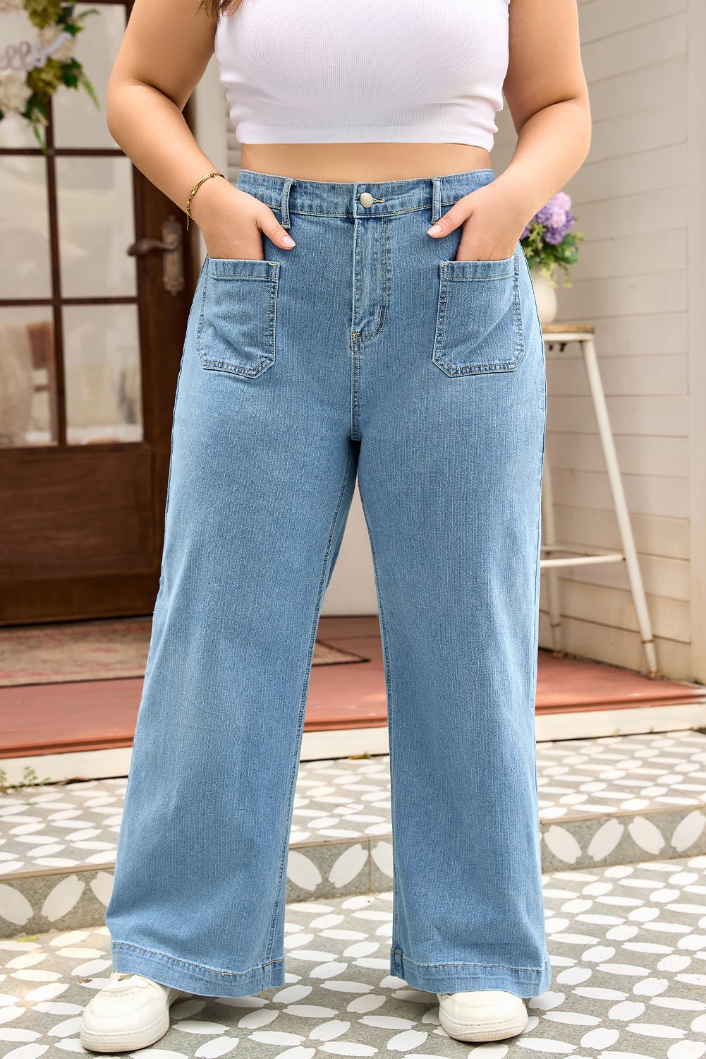 Plus Size Denim Textured Patch Pocket Jeans - Rooted & Reckless Co.