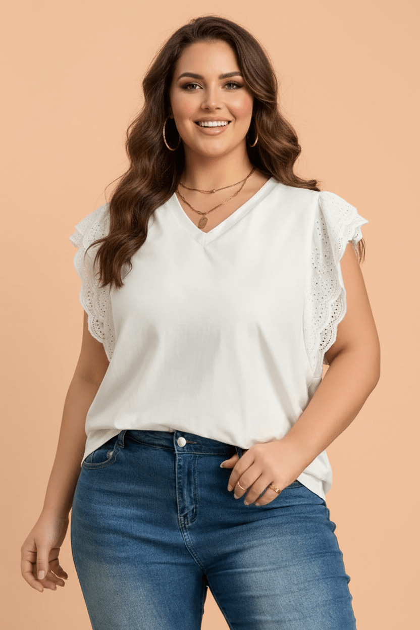 Plus Size Embroidered Eyelet Patchwork Short Sleeve Tee - Rooted & Reckless Co.