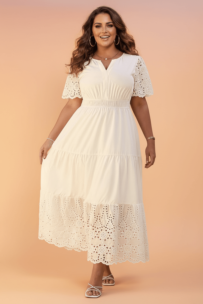 Plus Size Embroidered Eyelet Patchwork V-Neck Maxi Dress - Rooted & Reckless Co.
