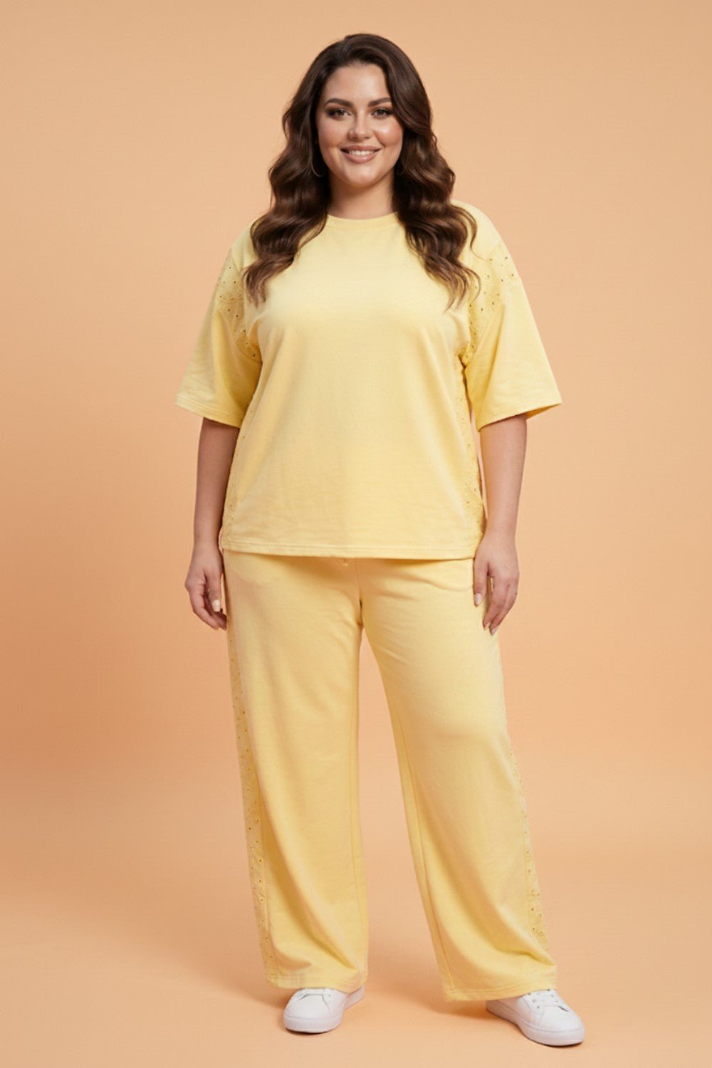 Plus Size Eyelet Embroidered Patchwork Top & Pants Set - Rooted & Reckless Co.