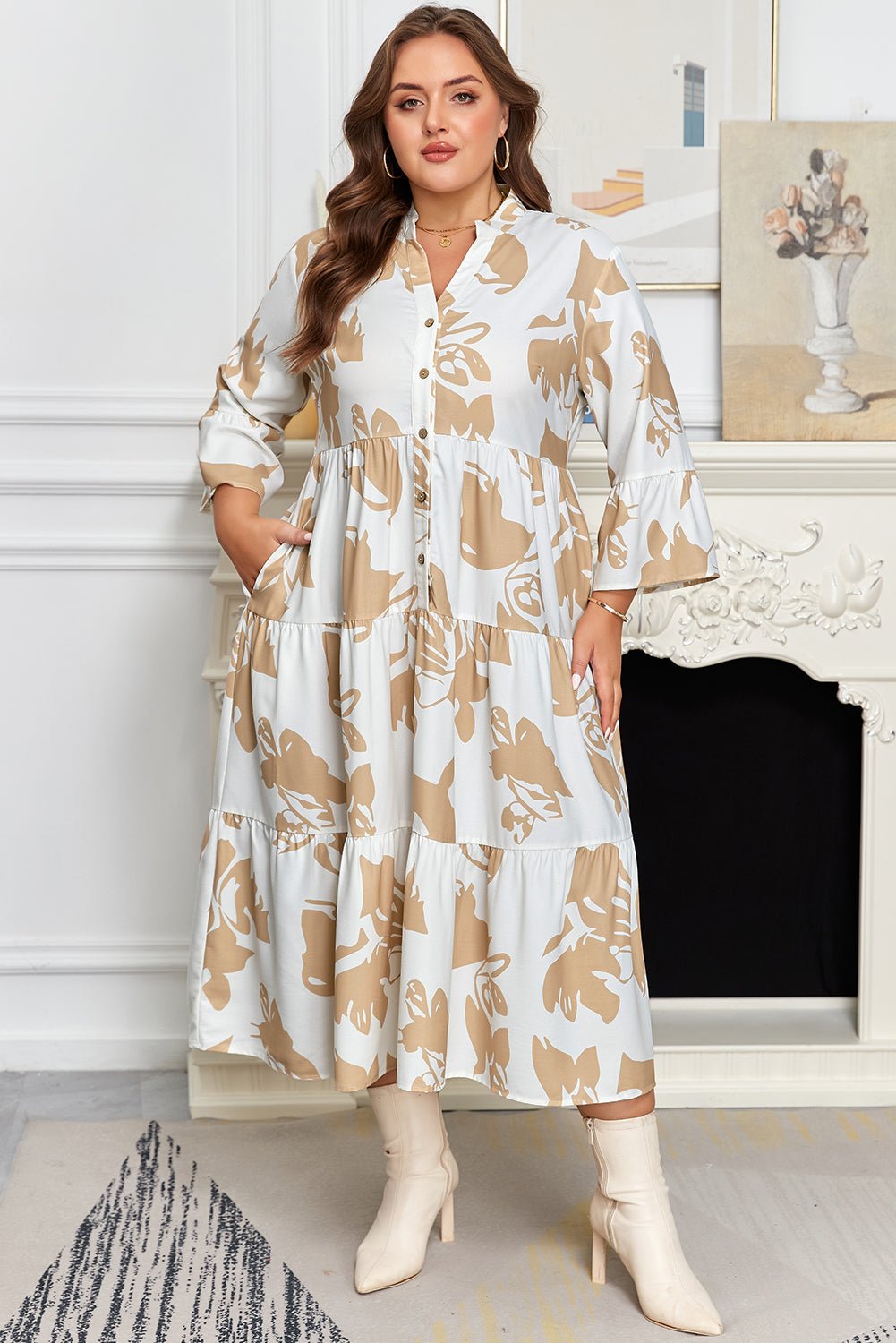 Plus Size Floral 3/4 Ruffle Sleeve Tiered Maxi Dress - Rooted & Reckless Co.