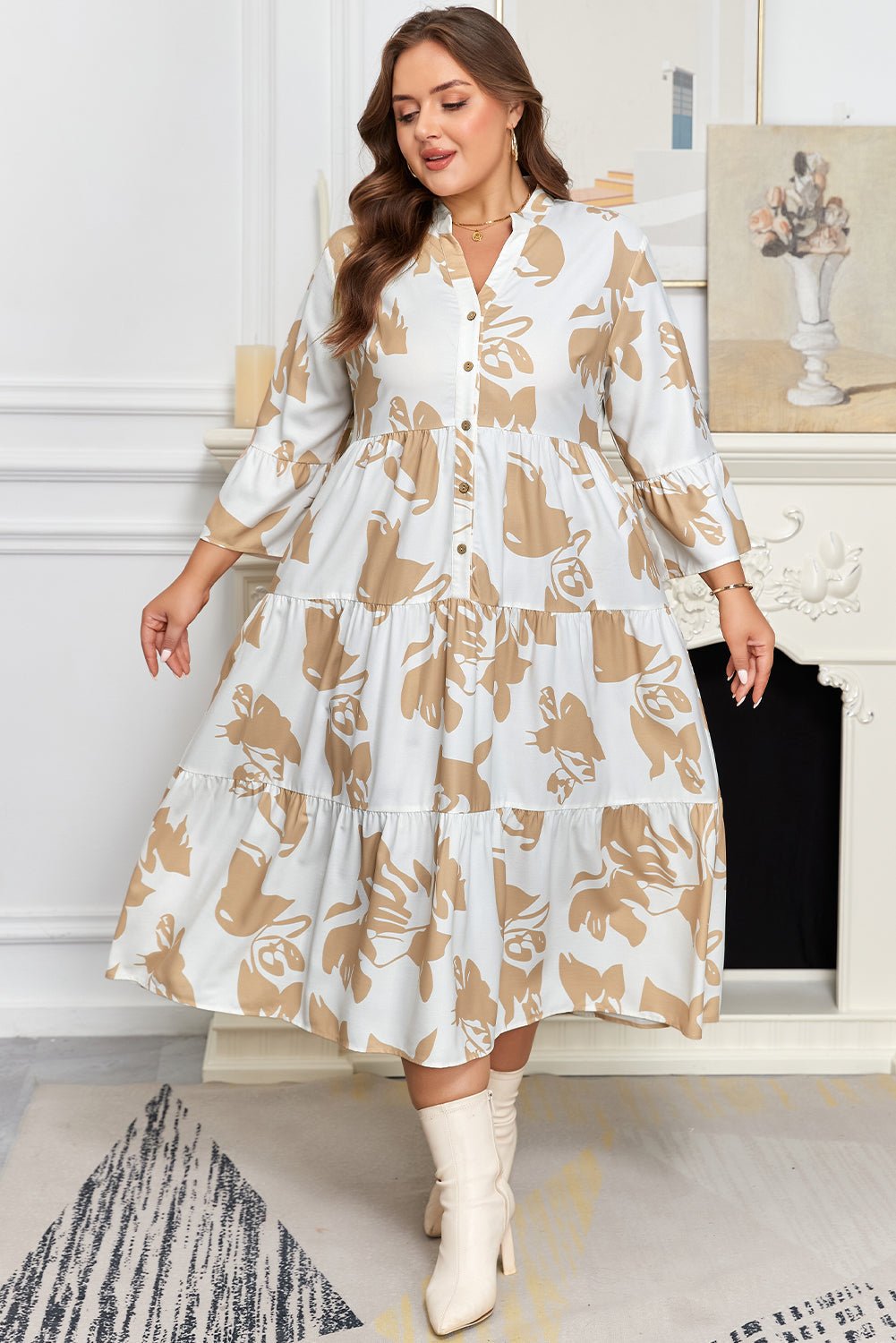 Plus Size Floral 3/4 Ruffle Sleeve Tiered Maxi Dress - Rooted & Reckless Co.
