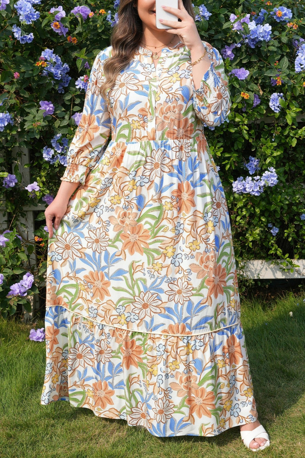 Plus Size Floral 3/4 Sleeve Tiered Dress - Rooted & Reckless Co.