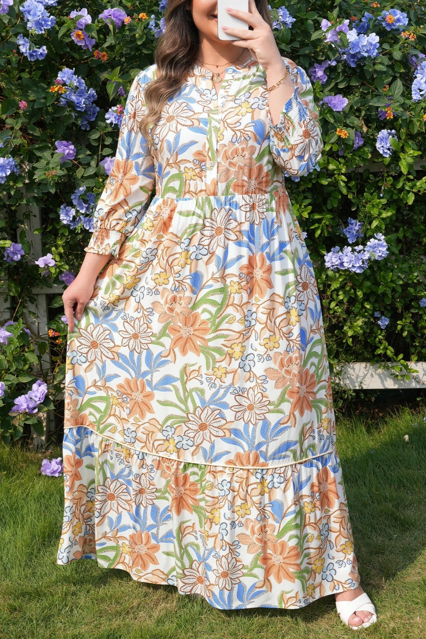 Plus Size Floral 3/4 Sleeve Tiered Dress - Rooted & Reckless Co.