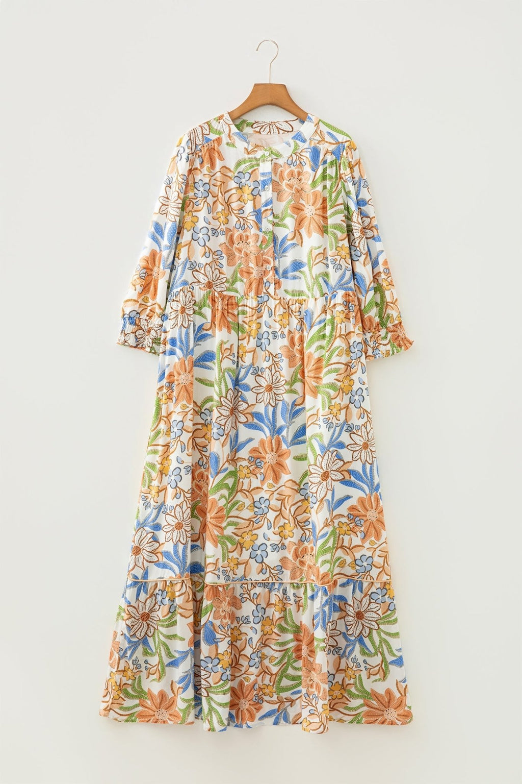 Plus Size Floral 3/4 Sleeve Tiered Dress - Rooted & Reckless Co.