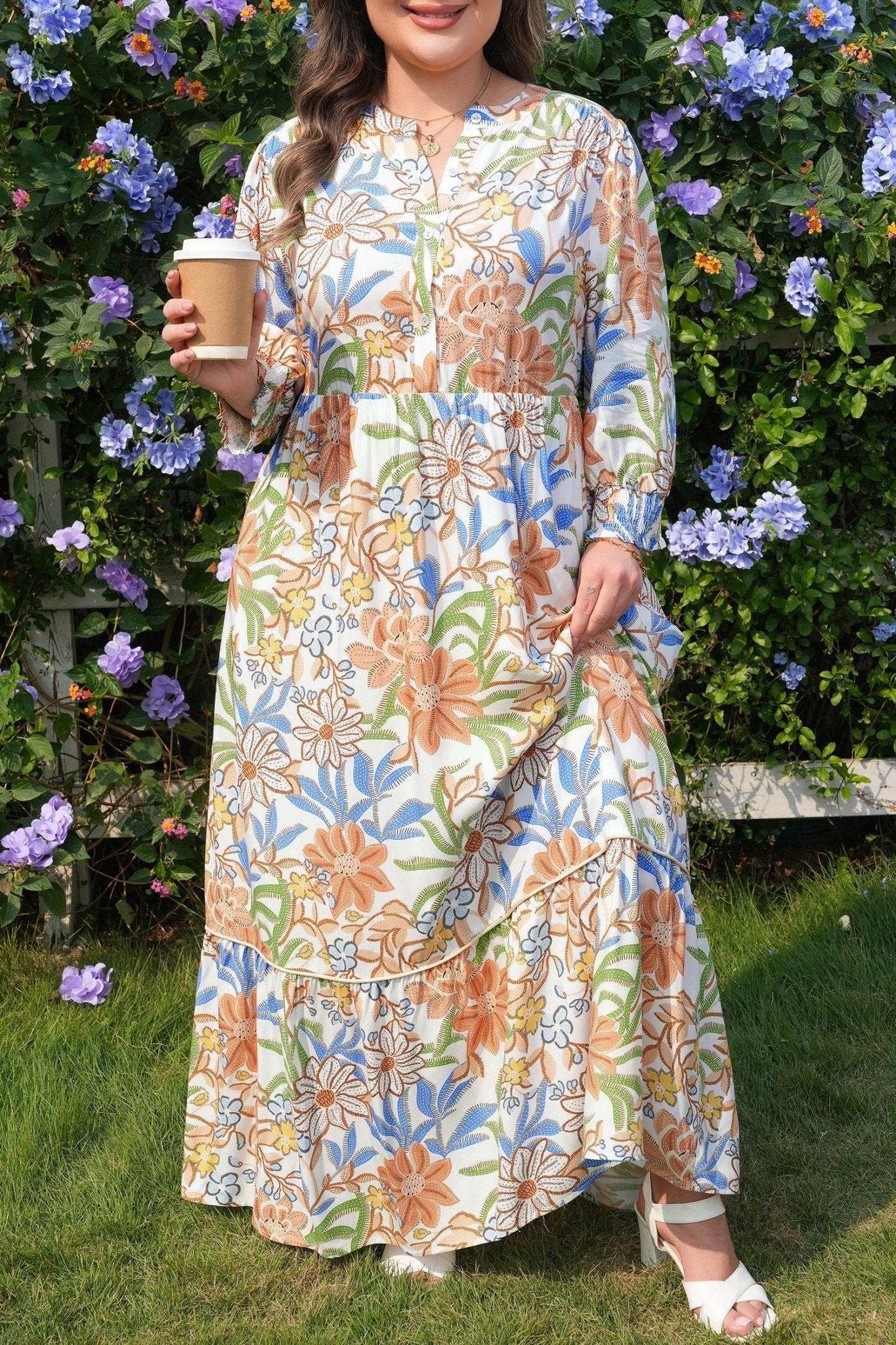 Plus Size Floral 3/4 Sleeve Tiered Dress - Rooted & Reckless Co.