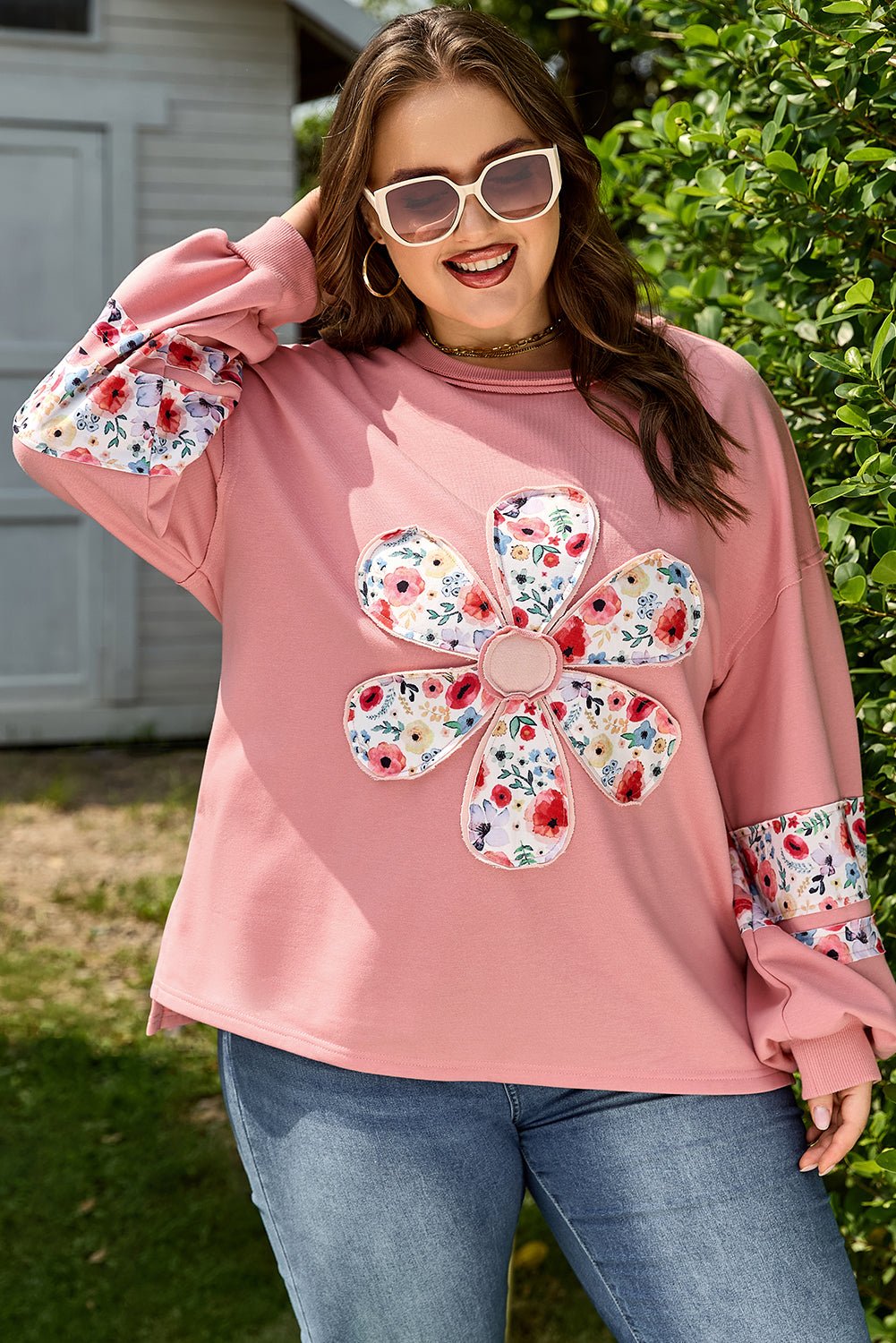 Plus Size Floral Applique Drop Shoulder Sweatshirt - Rooted & Reckless Co.